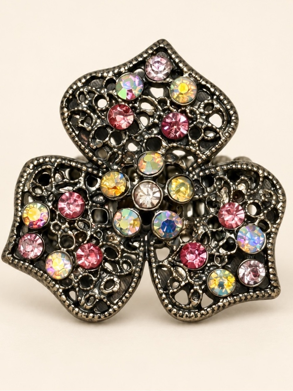 Multicolor Rhinestone Filigree Statement Stretch Ring Size 8+